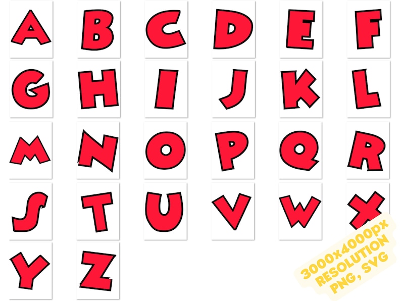 Peut inclure: Lettres de l'alphabet rouges avec des contours noirs sur un fond blanc. Les lettres sont dans une police de caract&egrave;res audacieuse et de type dessin anim&eacute;.