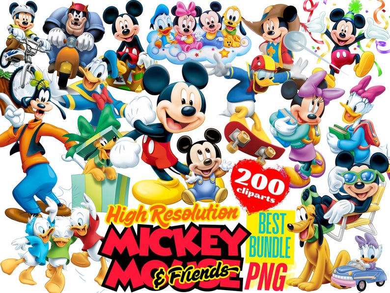 May include: A vibrant collection of Mickey Mouse and Friends clip art. The image features various characters like Mickey, Minnie, Donald Duck, and Goofy in colorful poses. Text includes "High Resolution," "Best Bundle," and "200 cliparts."