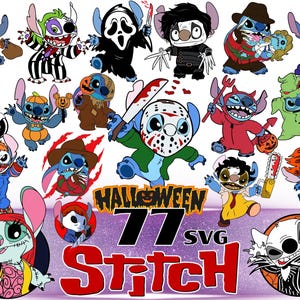 Puede incluir: Una colección de ilustraciones digitales que muestran al personaje Stitch disfrazado con varios trajes de películas de terror, incluyendo Jason, Chucky y Ghostface. La imagen incluye el texto HALLOWEEN 77 SVG STITCH en letras negras y rojas.