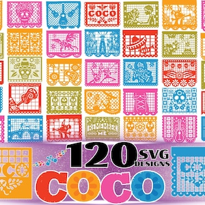 May include: A collection of 120 colorful papel picado style SVG designs featuring various characters, musical instruments, skulls, and floral patterns. The text COCO is prominently displayed in large, bold, multi-colored letters at the bottom.