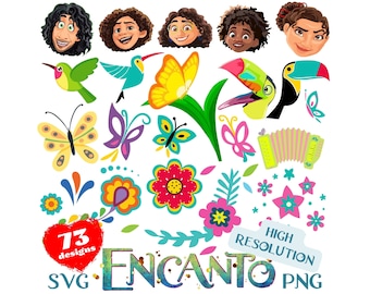 Pacchetto icone SVG Encanto, collezione Encanto Sublimation Cliaprts, icone Encanto Svg Png clipart decalcomanie torta di compleanno Topper, Encanto PNG