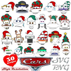 Christmas Cars Faces SVG Cliparts Bundle, Cars Christmas Tshirt Design Cartoon Cliparts, Cars Christmas Sublimation, Lightning McQueen SVG