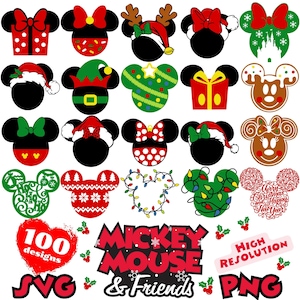 Mickey Mouse oren hoofd silhouet kerst SVG sublimatiebundel, Mickey Mouse kerst cartoon sublimatie Cliparts, Mickey's Christmas