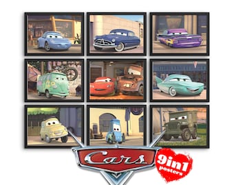 Set de 9 pósteres de Cars Disney, arte digital imprimible de Cars, Cars Rayo McQueen, Mater, Sally Carreira, Doc Hudson, Guido y Luigi