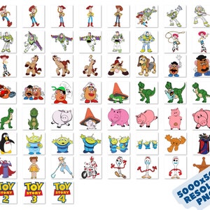 May include: A collection of colorful cartoon characters from the Toy Story franchise. The characters include Woody, Buzz Lightyear, Jessie, Rex, Mr. Potato Head, Hamm, Slinky Dog, and more. The characters are arranged in a grid pattern on a white background.