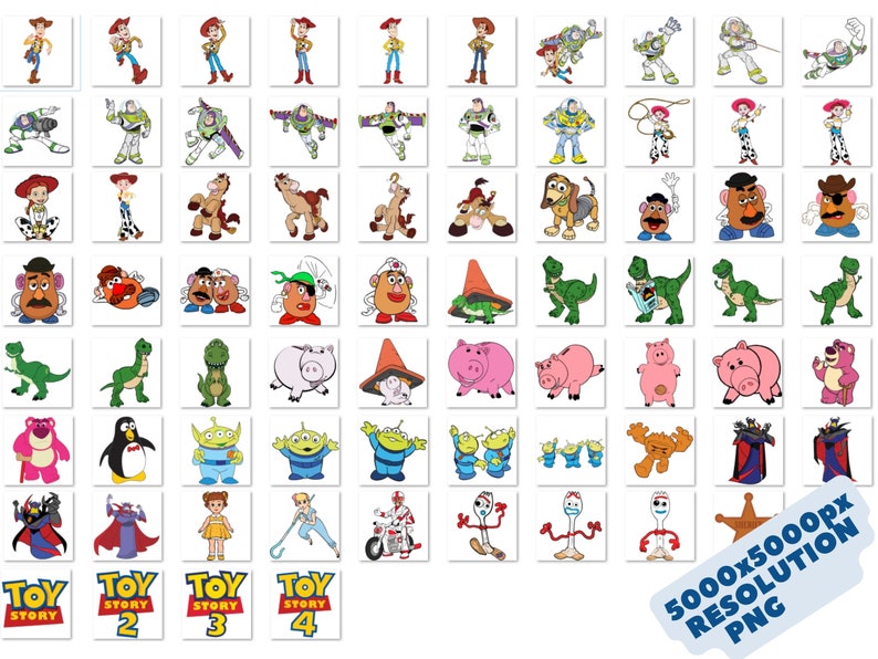 May include: A collection of colorful cartoon characters from the Toy Story franchise. The characters include Woody, Buzz Lightyear, Jessie, Rex, Mr. Potato Head, Hamm, Slinky Dog, and more. The characters are arranged in a grid pattern on a white background.