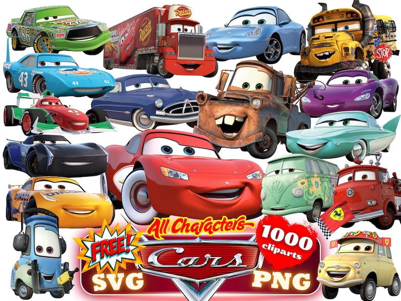 Cars PNG Cliparts Bundle, Cars PNG Cartoon Cliparts, Cars Sublimation, Lightning McQueen, Tow Mater, Cars Characters PNG Cliparts (Digital) image 1