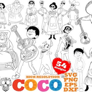 Coco SVG png dxf eps Clipart Bundle, Coco SVG Cartoon Cliparts, Coco Sublimation, Coco Characters PNG Cliparts Bundle svg Movie Themed Party