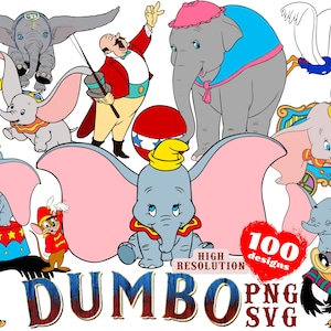 Dumbo SVG PNG Cliparts Bundle, Dumbo Sublimation Bundle, Dumbo Cartoon Movie Themed Birthday Party Cliparts, Dumbo SVG Collection High Res.