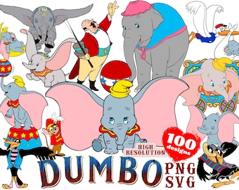 May include: A set of 100 high-resolution digital clipart images featuring Dumbo the elephant from the Disney movie. The images include Dumbo in various poses, including flying, sitting, and standing. The images also include other characters from the movie, such as the crows, the circus ringmaster, and the stork.