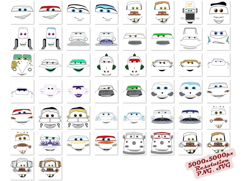 Cars Faces SVG Cliparts Bundle, Cars Tshirt Design Cartoon Cliparts, Cars Sublimation Lightning McQueen Tow Mater Cliparts Bundle (Digital) image 3