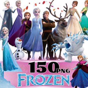 May include: A digital collection of 150 PNG images featuring characters from the Frozen franchise, including Elsa, Anna, Kristoff, Olaf, Sven, and a snow monster, set against a pink background with the text 150 PNG FROZEN.