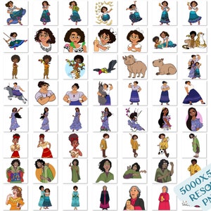 May include: A digital collection of sixty-four individual character illustrations featuring various people in colorful clothing, animals, and magical elements, presented in a grid format with the text 5000X5000PX RESOLUTION PNG 2.