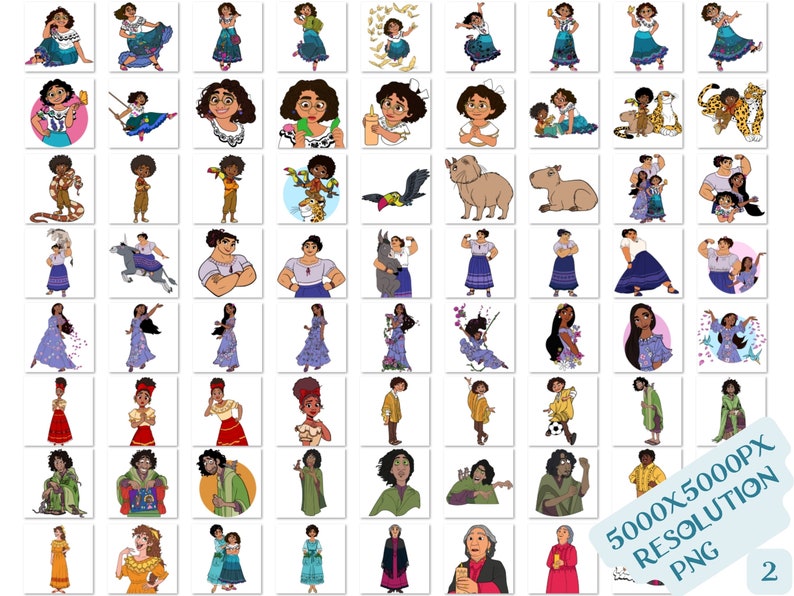 May include: A digital collection of sixty-four individual character illustrations featuring various people in colorful clothing, animals, and magical elements, presented in a grid format with the text 5000X5000PX RESOLUTION PNG 2.