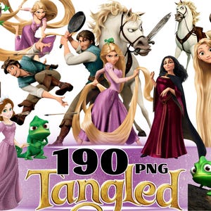 May include: A digital collection of 190 PNG images featuring characters from the movie Tangled, including a woman with long blonde hair in a purple dress, a man in a blue tunic, a white horse, a green chameleon, and a woman in a dark red dress.