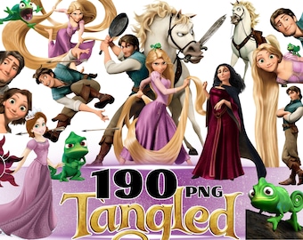 Könnte beinhalten: Eine digitale Sammlung von 190 PNG-Bildern mit Charakteren aus dem Film Rapunzel, darunter eine Frau mit langem blonden Haar in einem violetten Kleid, ein Mann in einer blauen Tunika, ein weißes Pferd, ein grünes Chamäleon und eine Frau in einem dunkelroten Kleid.