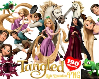 May include: A collection of 190 clipart images featuring characters from the animated film Tangled. The images include Rapunzel, Flynn Rider, Mother Gothel, Pascal the chameleon, and Maximus the horse. The images are high resolution and ideal for crafting projects, scrapbooking, and digital design.