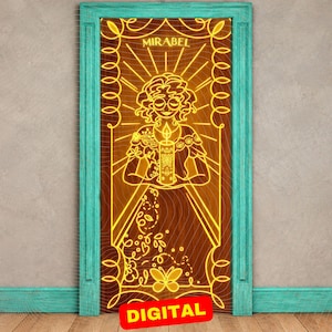 May include: A rectangular door decal featuring a brown wood grain background with a bright yellow line art illustration of a person with curly hair and glasses holding a candle. The name MIRABEL is printed at the top in yellow text.