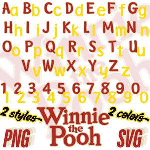 Paquete de alfabeto de Winnie the Pooh, archivo de fuente de Winnie the Pooh SVG png Paquete de imágenes prediseñadas de letras, imágenes prediseñadas de sublimación de dibujos animados SVG de Winnie the Pooh