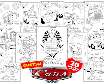 Páginas para colorear de cumpleaños de Cars personalizadas, libro para colorear de cumpleaños de Cars, libro para colorear de cumpleaños de Cars personalizado Lightning McQueen (nombre y edad)
