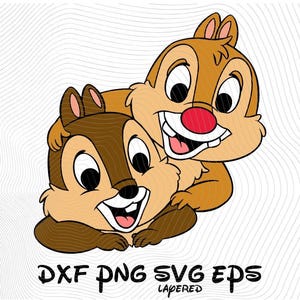 May include: A digital illustration of two cartoon chipmunks with brown fur, one featuring a red nose and the other a black nose, both smiling with visible teeth. Below the characters, the text reads DXF PNG SVG EPS LAYERED in black.