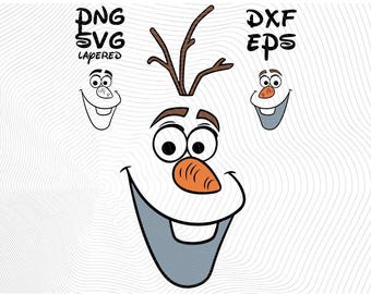 Puede incluir: Un archivo gráfico digital que muestra la cara de un muñeco de nieve con nariz de zanahoria, pelo de ramitas marrones y una amplia sonrisa. El texto PNG, SVG, LAYERED, DXF y EPS aparece junto a dos versiones más pequeñas del diseño.