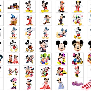 May include: A collection of Mickey Mouse character illustrations in various poses and outfits. Mickey is depicted in classic attire, as a wizard, in holiday themes, and with Minnie Mouse. The images are on white backgrounds.