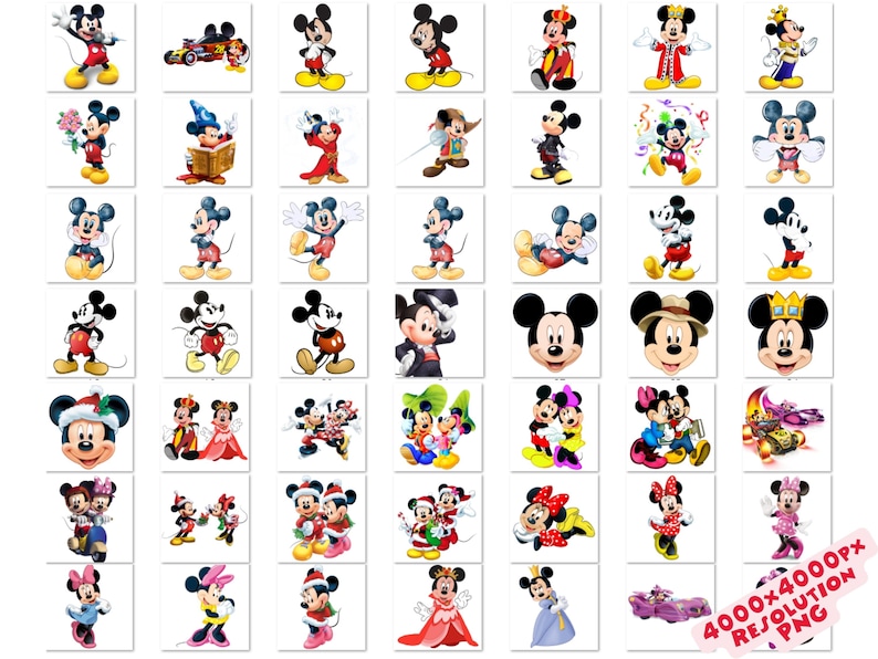 May include: A collection of Mickey Mouse character illustrations in various poses and outfits. Mickey is depicted in classic attire, as a wizard, in holiday themes, and with Minnie Mouse. The images are on white backgrounds.