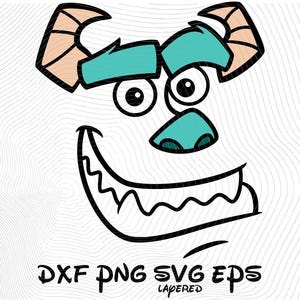 May include: A digital graphic illustration of a cartoon monster face with teal fur, two tan horns, large round eyes, and a wide grin showing sharp teeth. Below the face, the text reads DXF PNG SVG EPS LAYERED in black capital letters.