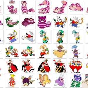 K&ouml;nnte beinhalten: Eine Sammlung von 40 bunten Cartoon-Illustrationen mit Figuren aus Alice im Wunderland. Zu den Figuren geh&ouml;ren die Grinsekatze, der Hutmacher, die Herzk&ouml;nigin, das wei&szlig;e Kaninchen und der M&auml;rzhase. Die Illustrationen sind in verschiedenen Posen und Gesichtsausdr&uuml;cken dargestellt.