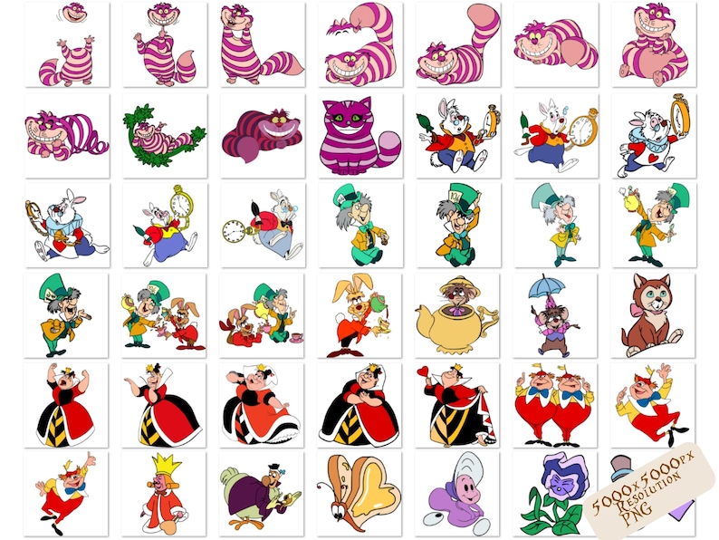 K&ouml;nnte beinhalten: Eine Sammlung von 40 bunten Cartoon-Illustrationen mit Figuren aus Alice im Wunderland. Zu den Figuren geh&ouml;ren die Grinsekatze, der Hutmacher, die Herzk&ouml;nigin, das wei&szlig;e Kaninchen und der M&auml;rzhase. Die Illustrationen sind in verschiedenen Posen und Gesichtsausdr&uuml;cken dargestellt.