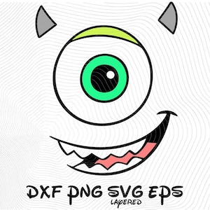 May include: A digital graphic illustration of a one-eyed monster face with a large green iris, a lime green eyelid, two small grey horns, and a wide smiling mouth with visible teeth and a pink tongue. The text DXF PNG SVG EPS LAYERED is below.