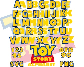 Toy Story Original Alphabet Font SVG, Toy Story Font Letters Numbers PNG Sublimation Cliparts, Toy Story Themed Birthday Letters Cake Topper