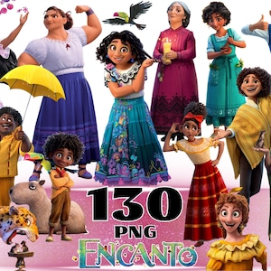 Op de afbeelding: Een digitale collectie van 130 PNG-karakterillustraties uit de film Encanto, met diverse personen in kleurrijke kleding, een jaguar, een capibara en een toekan, met de tekst 130 PNG ENCANTO prominent in het midden weergegeven.