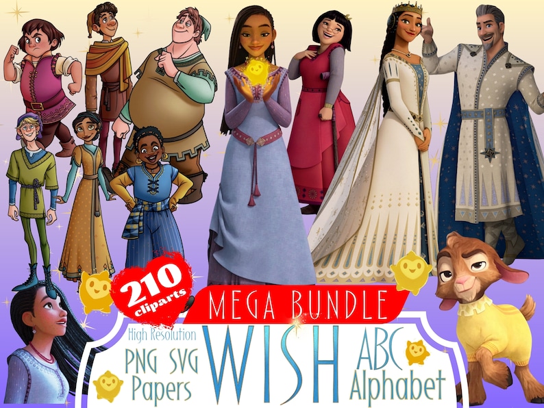 May include: A digital clipart set featuring characters from the animated movie Wish. The set includes 210 high-resolution PNG and SVG files. The characters are depicted in various poses and expressions, including a young woman with long brown hair holding a glowing orb, a man with a crown and a long white robe, and a young girl with a red dress and a cane. The set also includes a goat wearing a yellow onesie. The text "210 cliparts" is displayed in a red circle, and the text "MEGA BUNDLE WISH ABC Alphabet" is displayed in a red banner.