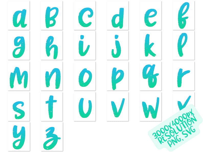 May include: A set of 26 alphabet letters in a blue and green gradient. The letters are hand-drawn and have a textured, brushstroke effect. The letters are arranged in alphabetical order.