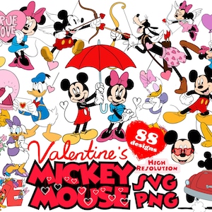 Pacote SVG do Dia dos Namorados do Mickey Mouse e Amigos, Cliparts de Desenhos Animados do Dia dos Namorados do Mickey Mouse para Sublimação, Mickey Mouse SVG Dia dos Namorados