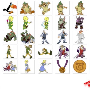May include: A collection of cartoon characters from the animated series "Gummi Bears". The characters include the Gummi Bears, the villainous Duke Igthorn, and other supporting characters. The image also includes the show's logo.