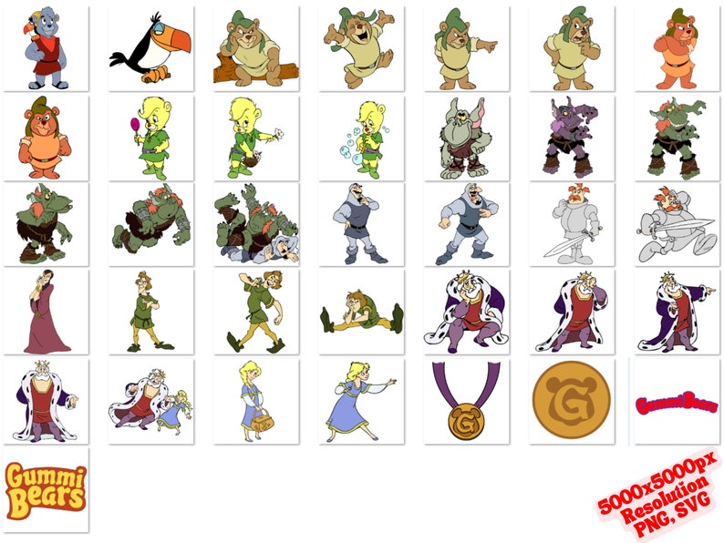 May include: A collection of cartoon characters from the animated series "Gummi Bears". The characters include the Gummi Bears, the villainous Duke Igthorn, and other supporting characters. The image also includes the show's logo.