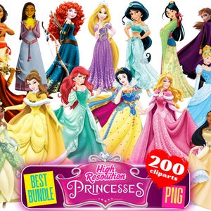 Pacchetto di clipart PNG di principesse, clipart di cartoni animati PNG di principesse in sublimazione, raccolta di clip PNG a tema film di compleanno di tutte le principesse