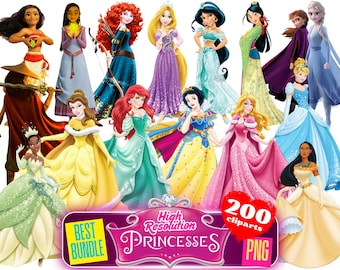 Pacchetto di clipart PNG di principesse, clipart di cartoni animati PNG di principesse in sublimazione, raccolta di clip PNG a tema film di compleanno di tutte le principesse