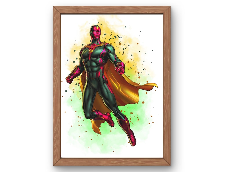 Puede incluir: Una ilustraci&oacute;n digital del superh&eacute;roe de Marvel Comics, Vision, en una pose din&aacute;mica. Lleva su caracter&iacute;stico traje rojo y verde con una capa amarilla. El fondo es un lavado de estilo acuarela de verde y amarillo.