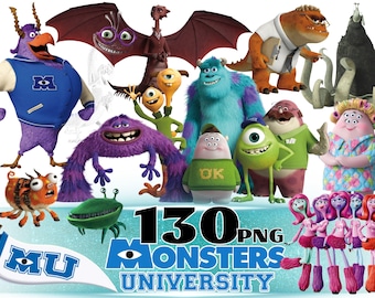 May include: A collection of various colorful animated monster characters from Monsters University, including a blue furry creature, a green one-eyed monster, and a purple creature, with the text 130 PNG MONSTERS UNIVERSITY and a MU pennant.