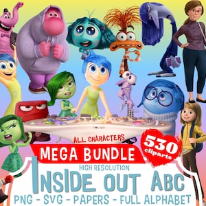 Mega paquete de imágenes prediseñadas PNG de Inside Out, paquete de imágenes prediseñadas de Inside Out para sublimación, colección de imágenes prediseñadas de fiesta de cumpleaños con temática de película de dibujos animados PNG de Inside Out