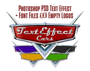 Puede incluir: Un emblema de coche rojo, cromado y plateado con el texto "Text Effect Cars" en una fuente estilizada. El emblema está rodeado por cuatro emblemas más pequeños en morado, negro, amarillo y verde.