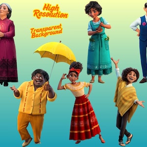 May include: A collection of six animated characters from the movie Encanto, including an older woman in a magenta dress, a man in a yellow outfit holding a yellow umbrella, a woman in a teal dress, a woman in a red skirt, and a man in a blue vest.