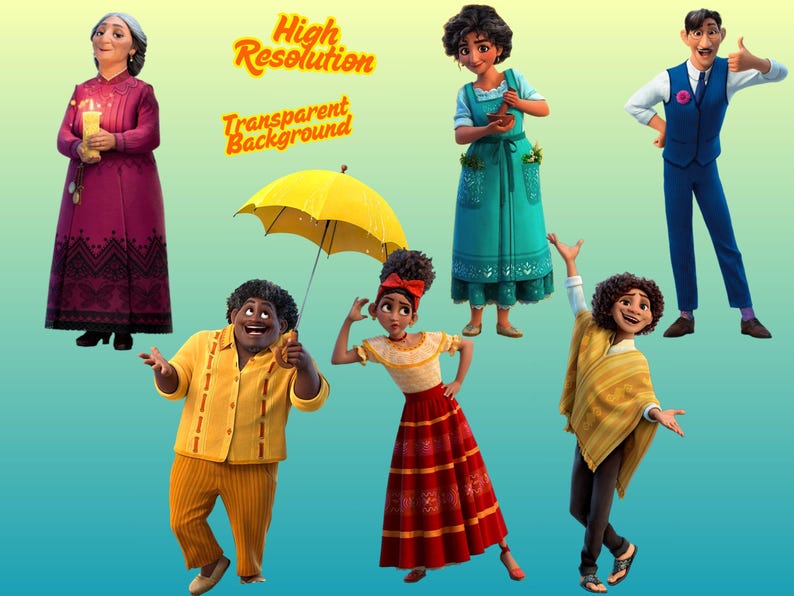 May include: A collection of six animated characters from the movie Encanto, including an older woman in a magenta dress, a man in a yellow outfit holding a yellow umbrella, a woman in a teal dress, a woman in a red skirt, and a man in a blue vest.