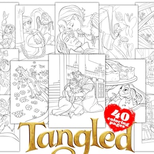 May include: A set of 40 black and white colouring pages featuring characters from the animated film Tangled. The pages include scenes of Rapunzel, Flynn Rider, and Pascal the chameleon.
