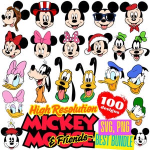 Paquete SVG de caras de Mickey Mouse y sus amigos, imágenes prediseñadas PNG de dibujos animados de Mickey Mouse para sublimación, logotipo de íconos con temática de la película Mickey Mouse y sus amigos