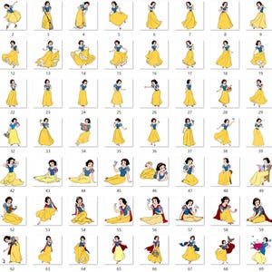 May include: A collection of seventy individual illustrations of a character with black hair, a blue bodice, and a yellow skirt, depicted in various poses, activities, and interactions with small animals, numbered from one to seventy in a grid.